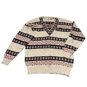 Vintage 100% Cotton Neutral Tone Aztec Tribal Print V-neck Knit Sweater